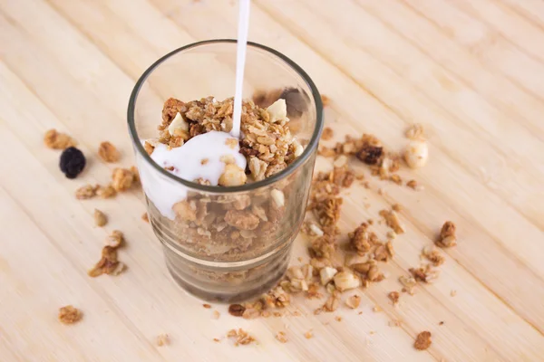 stock image Healthy breakfast with yogurt and muesli