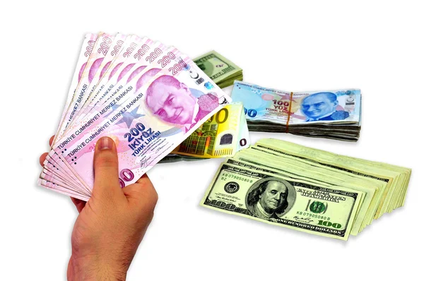 Turecki, amerykańskich, europejskich banknotów, na białym tle — Zdjęcie stockowe