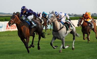Jockeys with horses during a race clipart