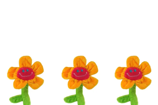 Drei glückliche Sonnenblumen über Weiß — Stockfoto