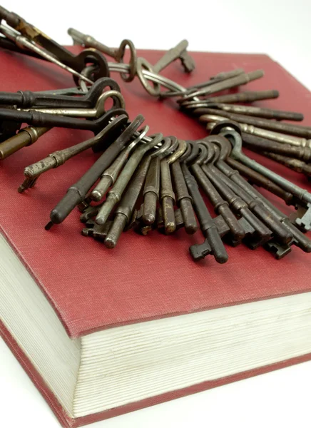 Antika anahtar taşı üstünde kırmızı kitap — Stok fotoğraf