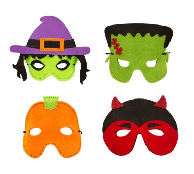 Halloween üzerinde beyaz izole yüz maskeleri hissettim