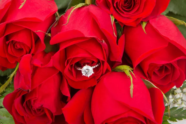 stock image Bouquet of Red Roses With Engagement Ring