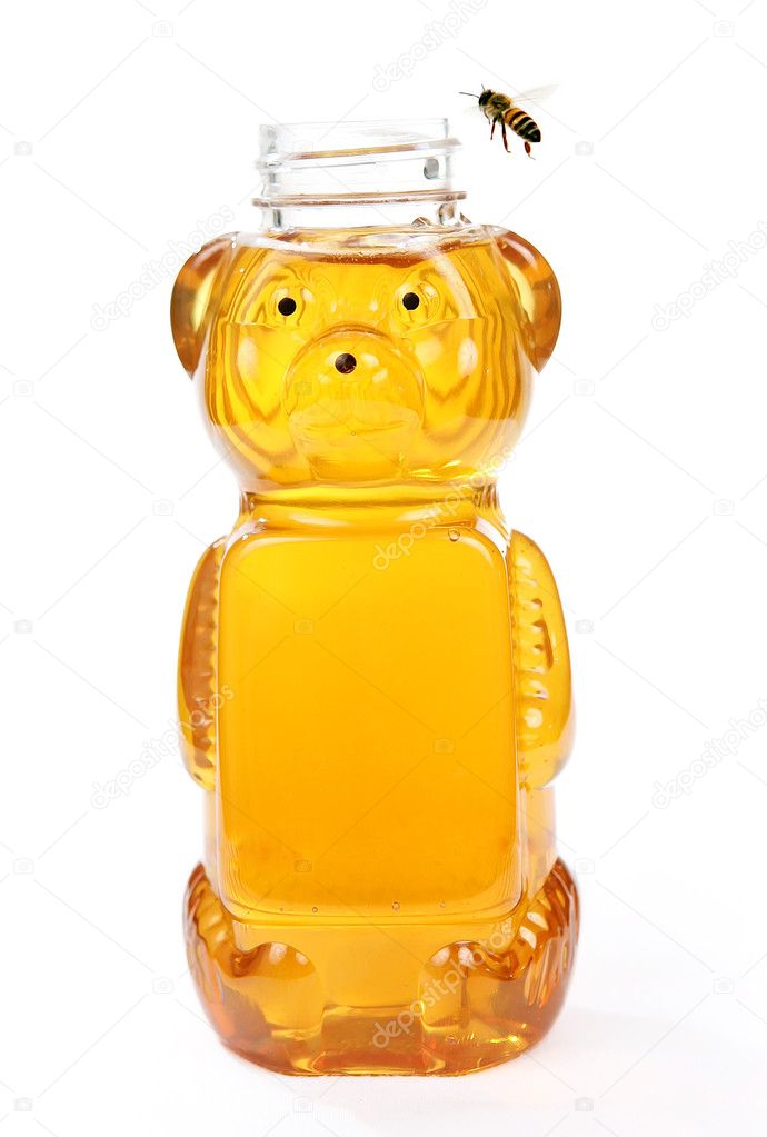 Honey in Bear Bottle with a Flying Bee