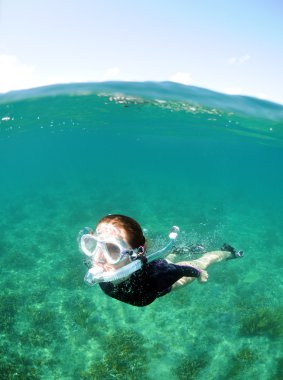 Young woman snorkeling underwater clipart