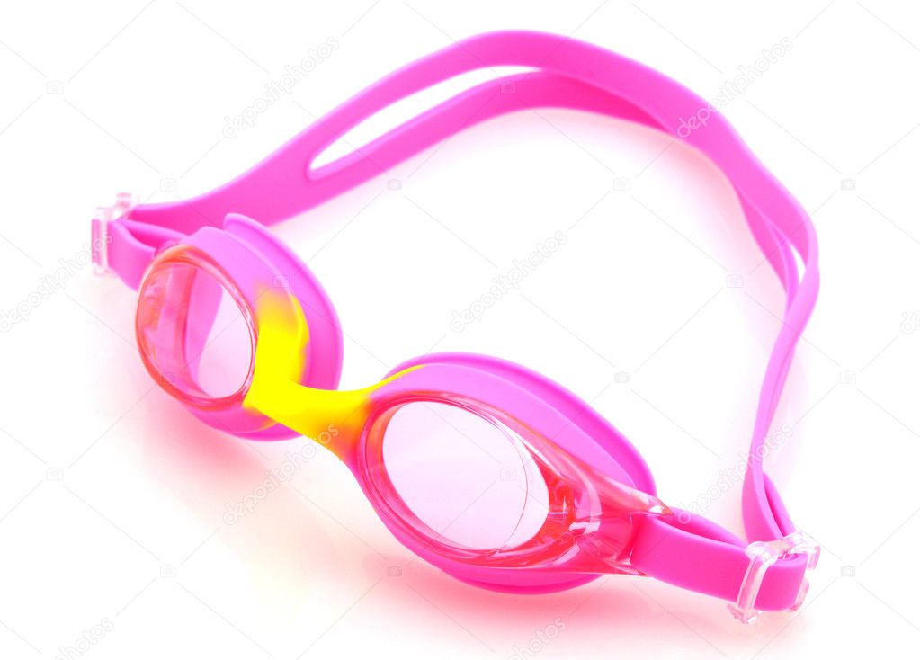 Pink and yellow swimming goggles isolated on white background