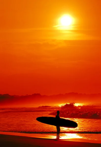Surfista in posizione tropicale con tramonto — Foto Stock