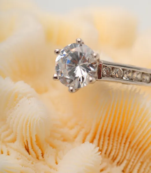 Diamond engagement ring op koraal — Stockfoto