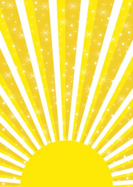 Bright yellow sun with sunrays and glowing stars clipart