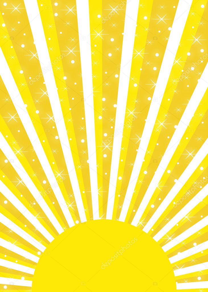 Bright yellow sun with sunrays and glowing stars