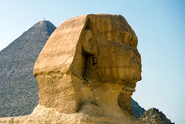 Het hoofd van de sfinx op de achtergrond van de piramide van cheops — Stockfoto