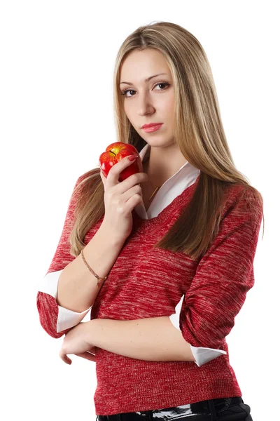 Potrait of an attractive young woman with red apple against white background — Stock Photo, Image