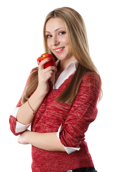 Beyaz arka plan kırmızı elma ile çekici bir genç kadın potrait — Stok fotoğraf