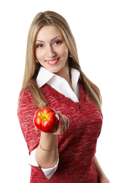 Även med en attraktiv ung kvinna med rött äpple mot vit bakgrund — Stockfoto