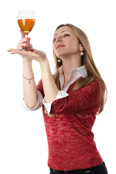 Potrait of an attractive young woman with glass of wine against white background — Stock Photo, Image