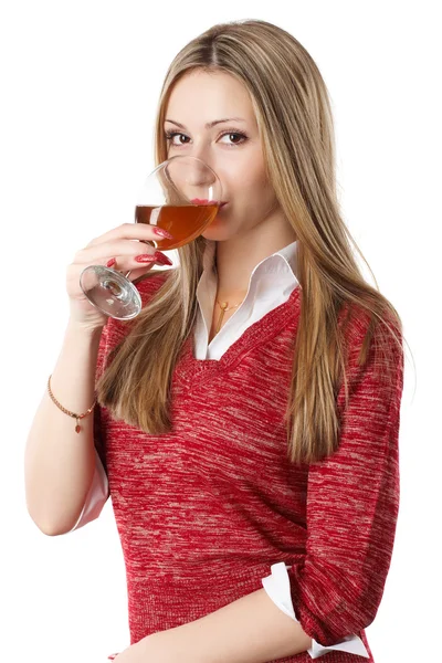 Potrait of an attractive young woman with glass of wine against white background — Stock Photo, Image