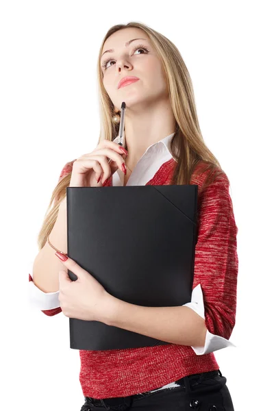 Молода красива бізнес-леді тримає файли на білому тлі — стокове фото