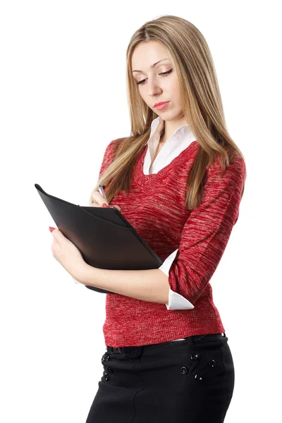 Молодая красивая деловая женщина держит файлы на белом фоне — стоковое фото