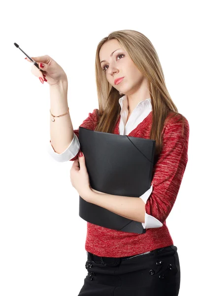 Junge schöne Geschäftsfrau hält Akten vor weißem Hintergrund — Stockfoto
