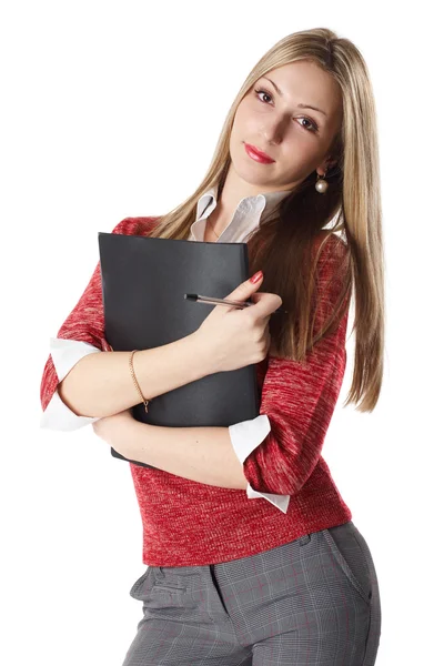 Młody biznes kobieta trzyma pliki na białym tle — Zdjęcie stockowe
