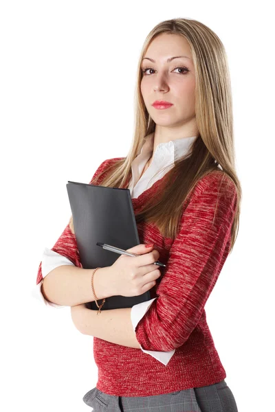 Junge schöne Geschäftsfrau hält Akten vor weißem Hintergrund — Stockfoto