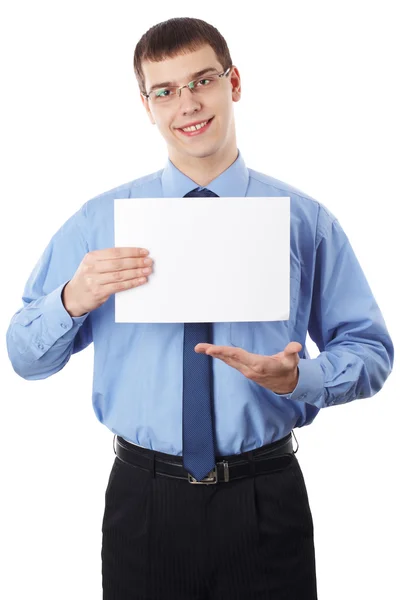 Jovem empresário segurando placa em branco, isolado no fundo branco — Fotografia de Stock