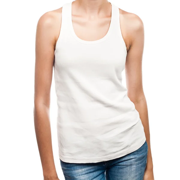 Genç kadın şablonuna beyaz t-shirt — Stok fotoğraf