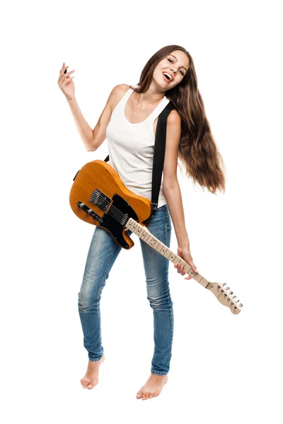Beautiful young woman with electric guitar — Stock Photo, Image