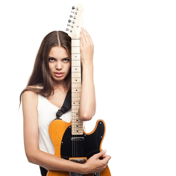 Beautiful young woman with electric guitar — Stock Photo, Image