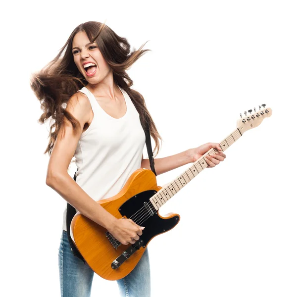 Piękna młoda kobieta z gitara elektryczna — Zdjęcie stockowe