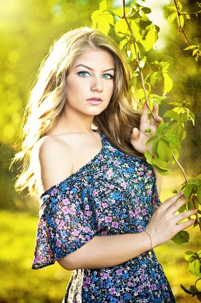 Jovem menina atraente em vestido azul ao ar livre no campo . — Fotografia de Stock