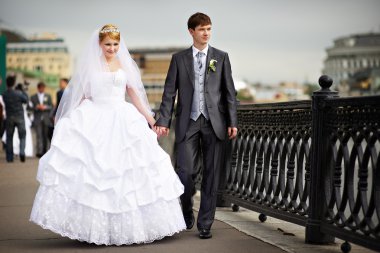 Happy bride and groom at wedding walk on waterfront clipart