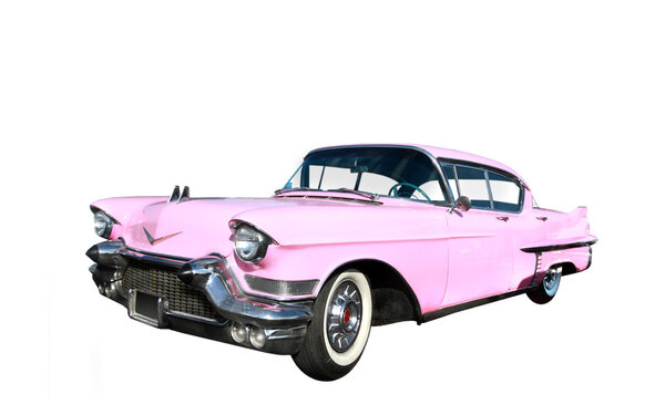 Classic pink car at beach on white background