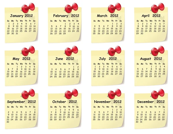 Kalendář na rok 2012 na poznámkách sticky notes — Stockový vektor
