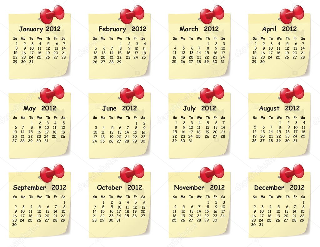 Calendar for 2012 on sticky notes