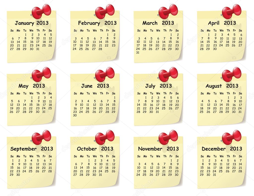 Calendar for 2013 on sticky notes