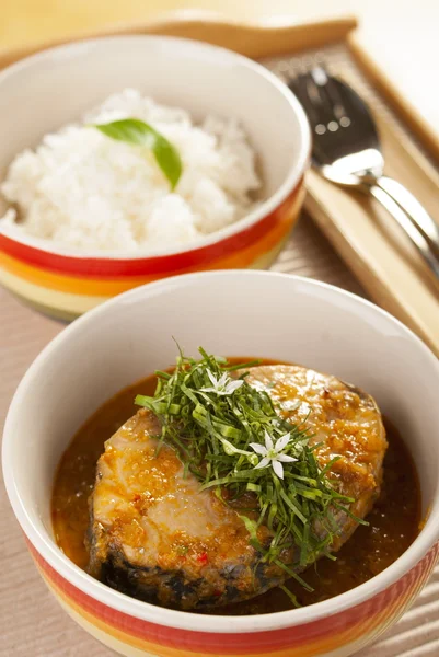 Thai fisk röd curry toppad med sågtand koriander — Stockfoto