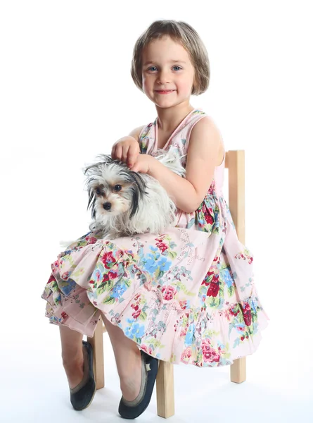 Portrait of beautiful girl with dog isolated on white — Stock Photo, Image
