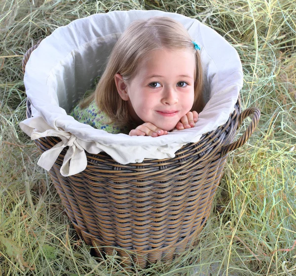 The girl hid in a wattled basket — Stock Photo, Image
