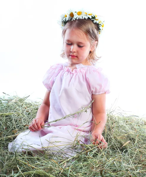 Девушка в венке из полевых ромашек — стоковое фото