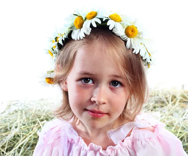 Portrét dívky v věnec z pole camomiles — Stock fotografie