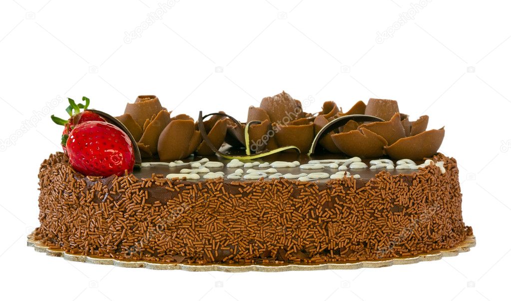 Chocolate cake with strawberries isolated