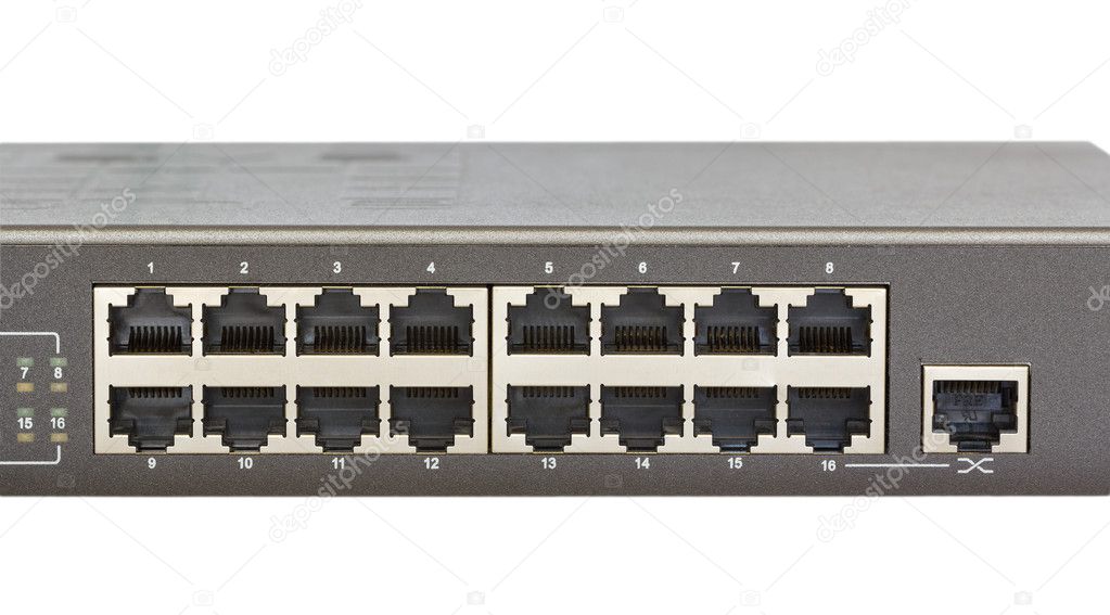 Network switch front panel with 16 ports and uplink port isolated