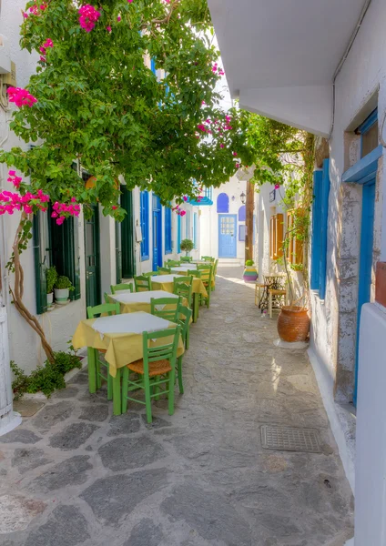 Callejón colorido en la aldea de Plaka, isla de Milos, Cyclades, Grecia —  Fotos de Stock