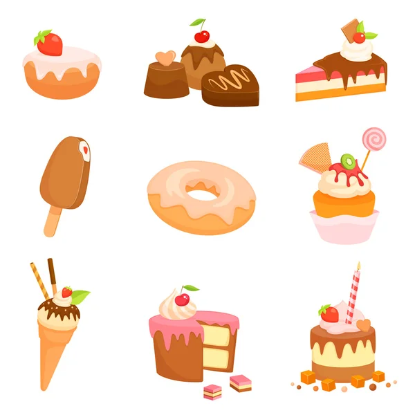 Ilustrace různých sladkostí a dorty — Stockový vektor