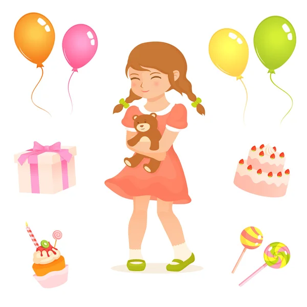 Set of cute illustrations for kids with birthday party theme — 스톡 벡터