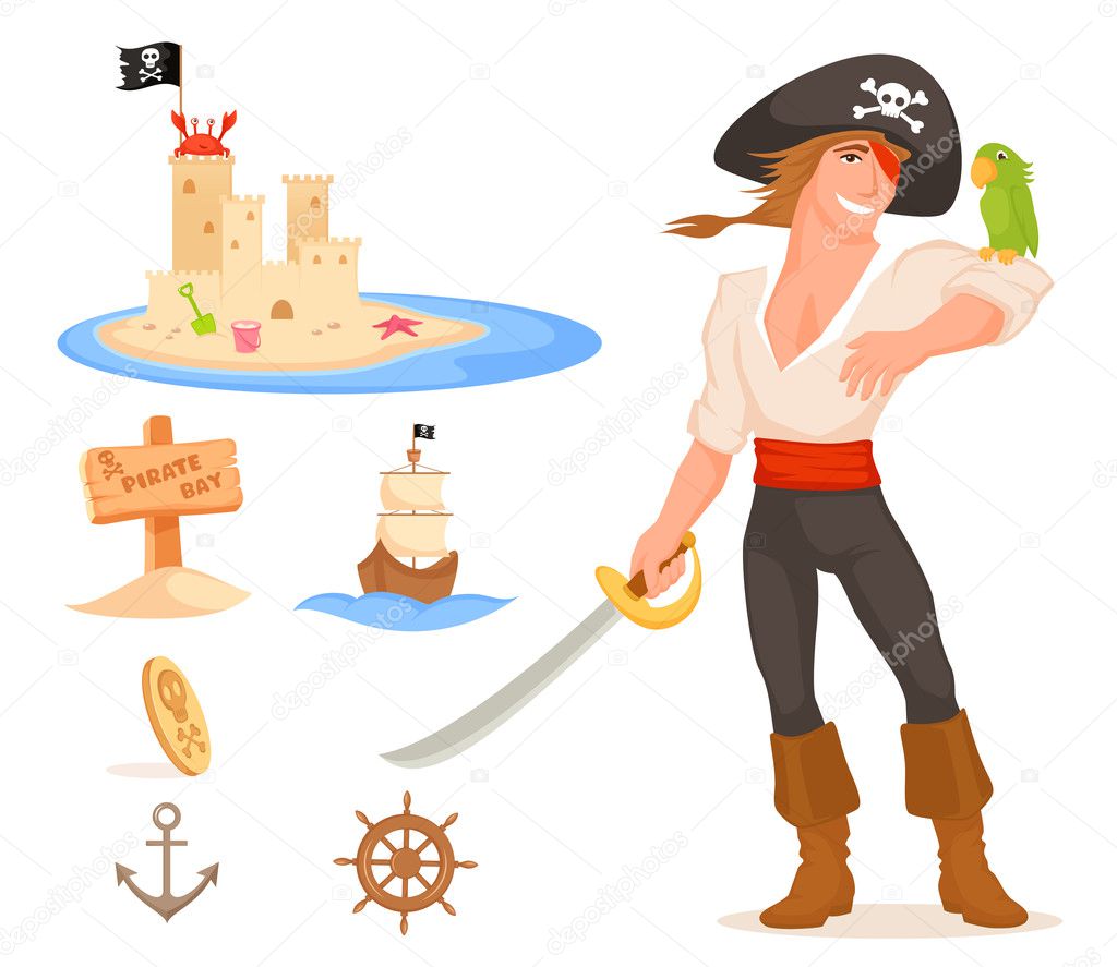 Collection of cute illustrations with pirate theme for kids