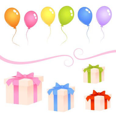 Collection of colorful birthday theme illustrations - balloons and gift boxes with ribbon clipart