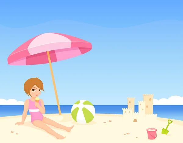Linda chica sentado bajo una sombrilla en la playa soleada — Vector de stock