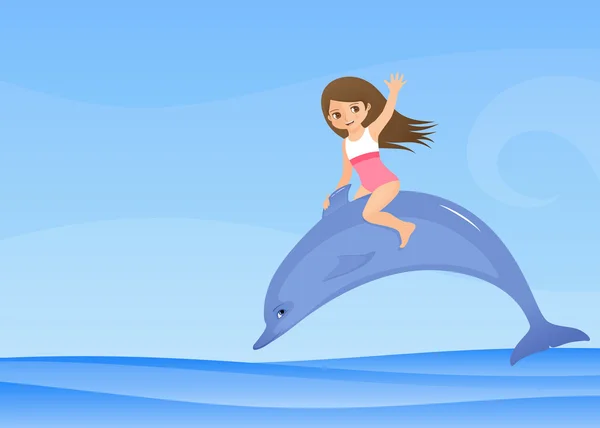 Cute small girl is riding a dolphin — Stock Vector